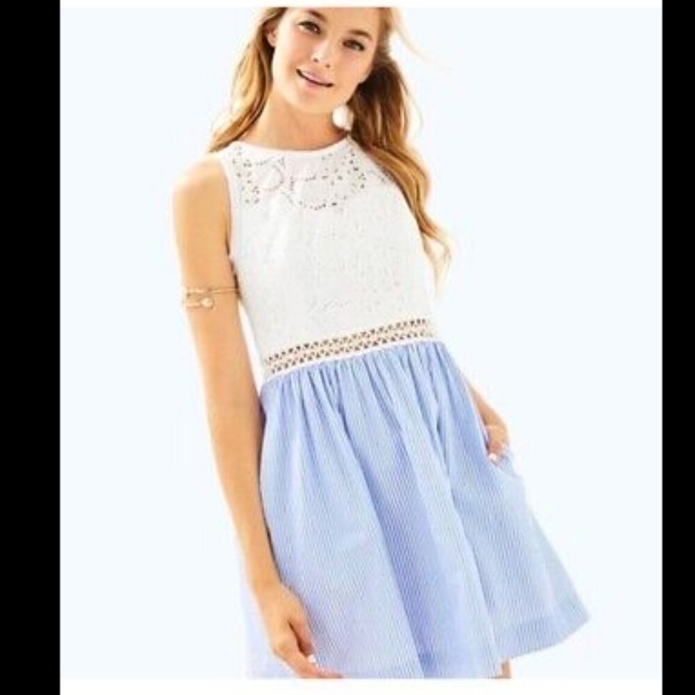 Womens Lilly Pulitzer Alivia Fit & Flare Blue White Seersucker Eyelet Dress 00